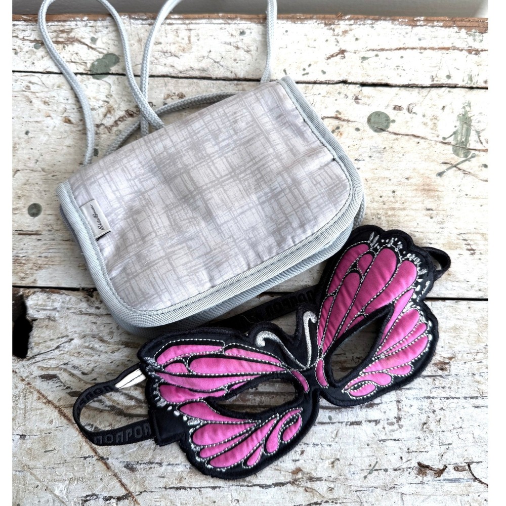 Eddie Bauer Grey Travel Neck Wallet and Pink Butterfly Sleep Mask‎ Set